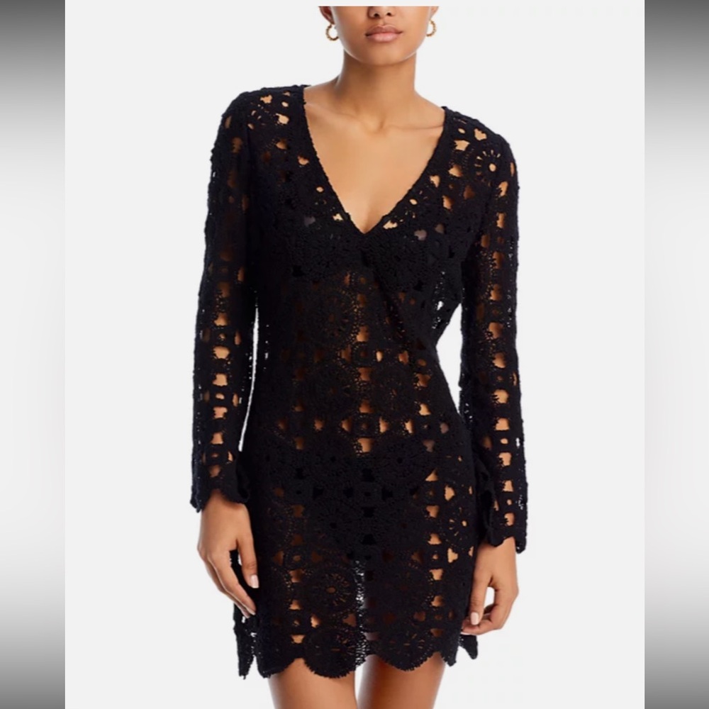 Aqua Women's Swim Crochet Cotton Cover up Dress Black Size S New